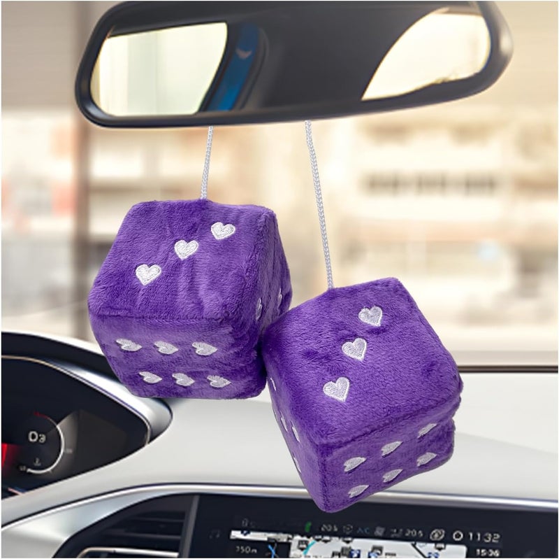 ZNDAW 2 PCS Fuzzy Plush Dice for Car Mirror, 2.75" Retro Square Heart Shape Car Rearview Mirror Cute Decor, Fluffy Dice Vehicle Hanging Ornament Decoration Interior for Women (Purple) - Image 1